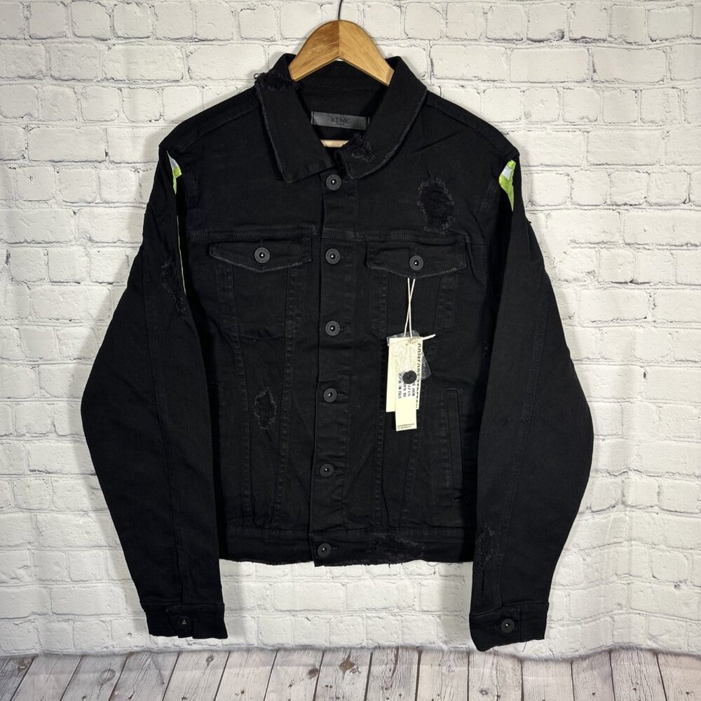 Jean Denim Jacket Black Large Mens‎ Distressed Comfort Stretch Skater KDNK NEW